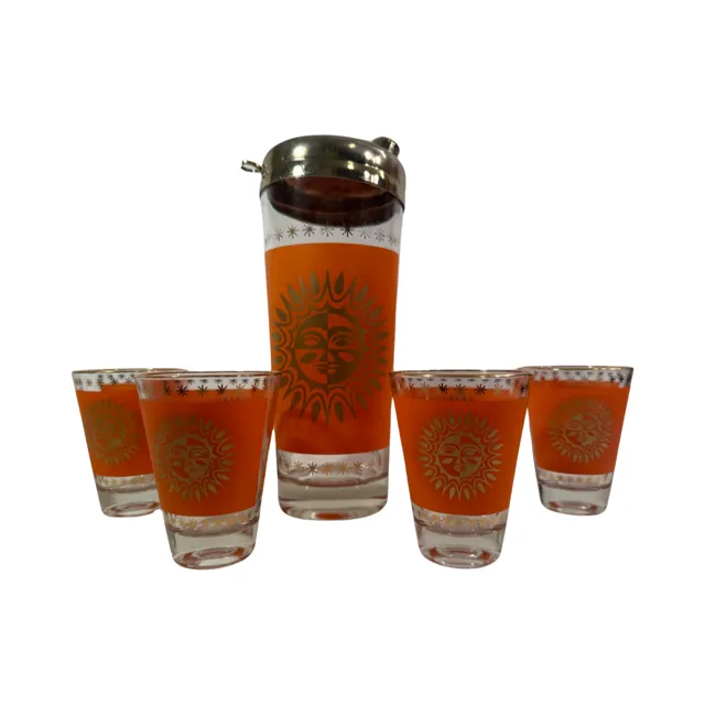 Jeannette Glass Aztec Orange & 22-Karat Gold Sunburst Shaker and Glasses (Set of 6)