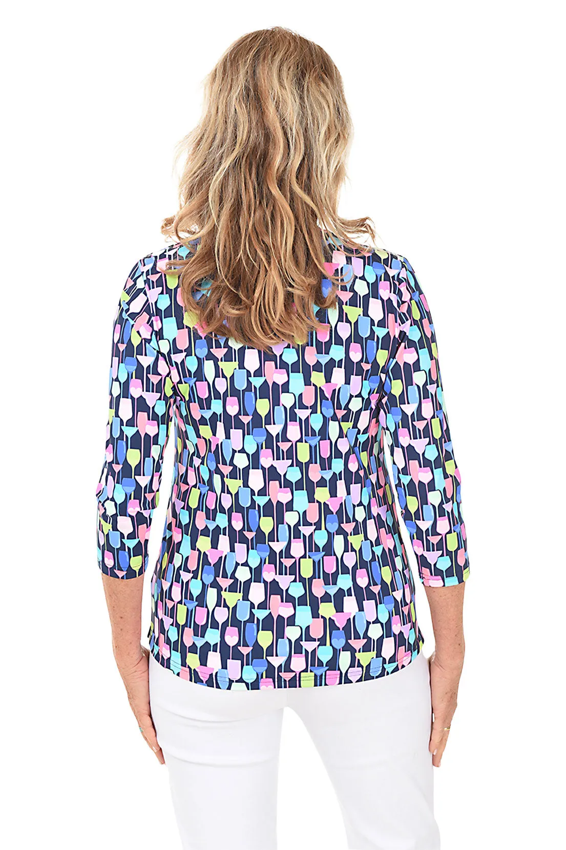 Navy Wine Glasses Classic UPF50  V-Neck Top